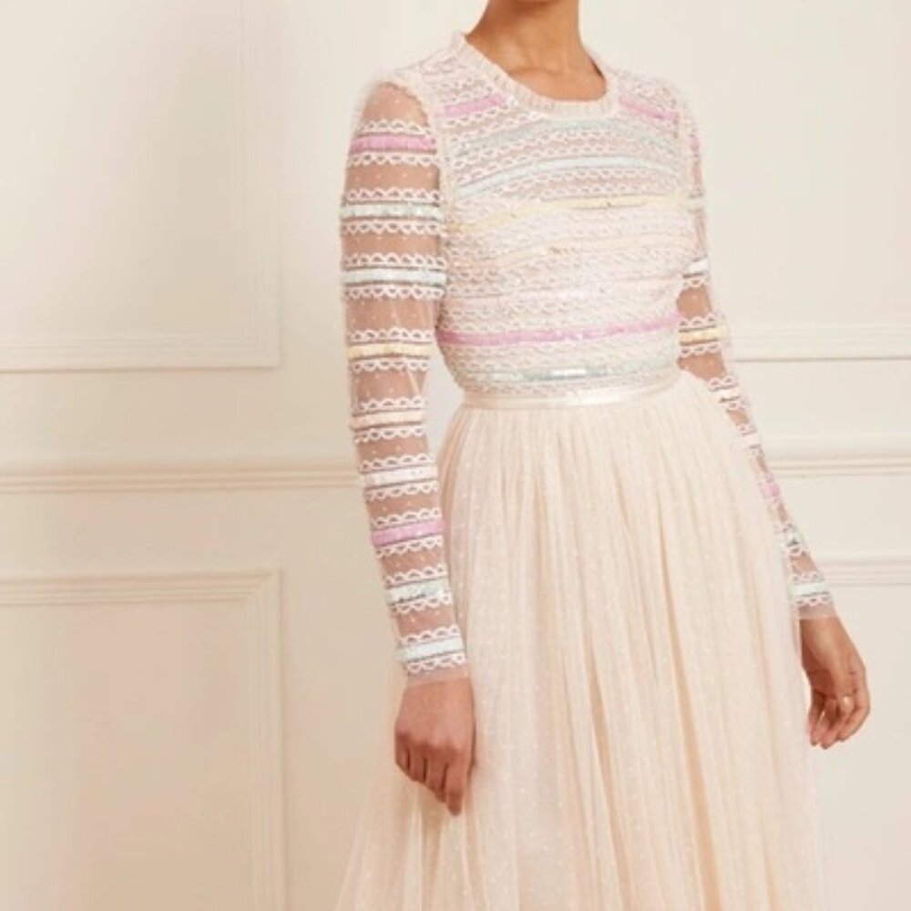 NEEDLE & THREAD ! Rainbow Backless Bodice Ankle Gown In Champagne